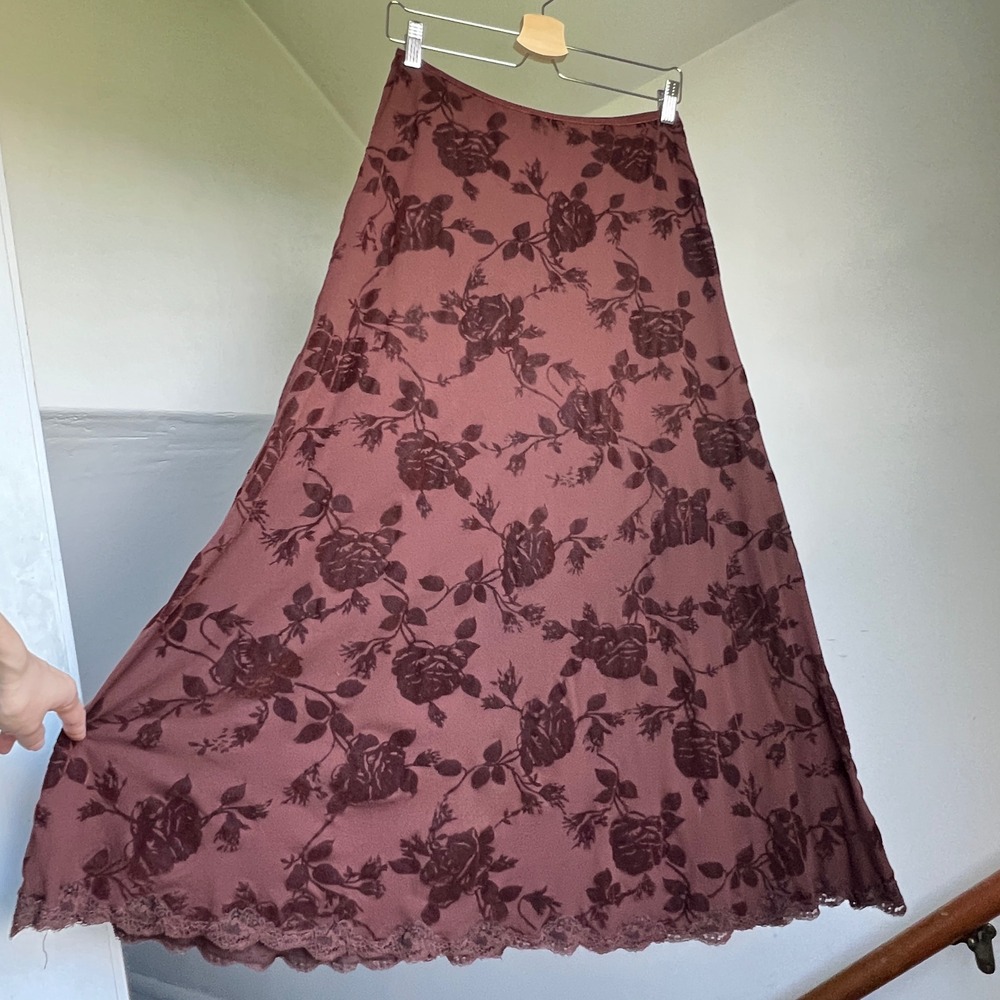 Vintage Ann Ferriday Maxi Skirt One Size Brown Floral Burnout Devore Lace Hem